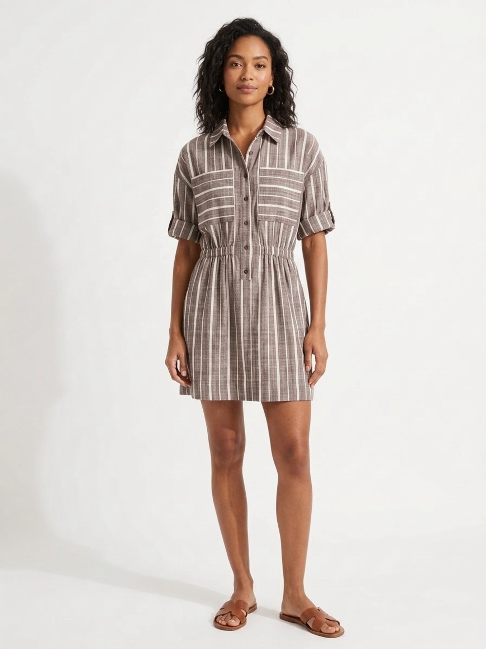 APIECE APART Palmera Brown White Striped Cinch Waist Cotton Shirt Dress Pocket
